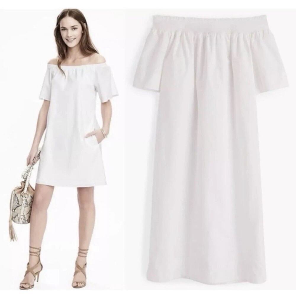 J.CREW Off The Shoulder Poplin Dress White Shift Wedding Vacay Cruise Sz 14 2037